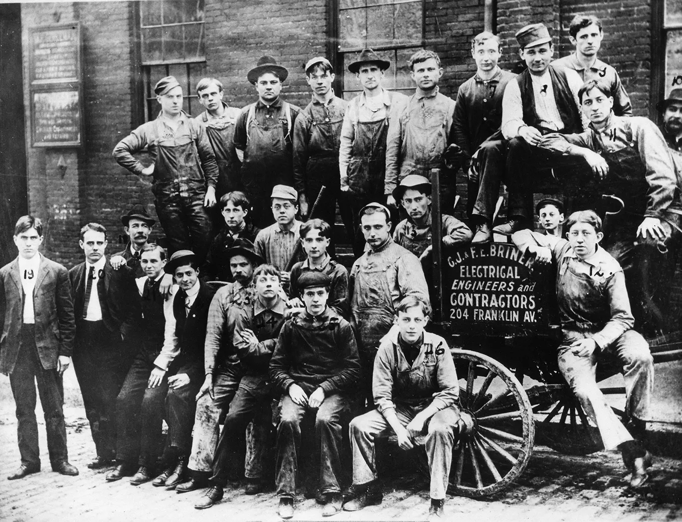 Saint Louis IBEW electricians with their crew wagon, early 1900s